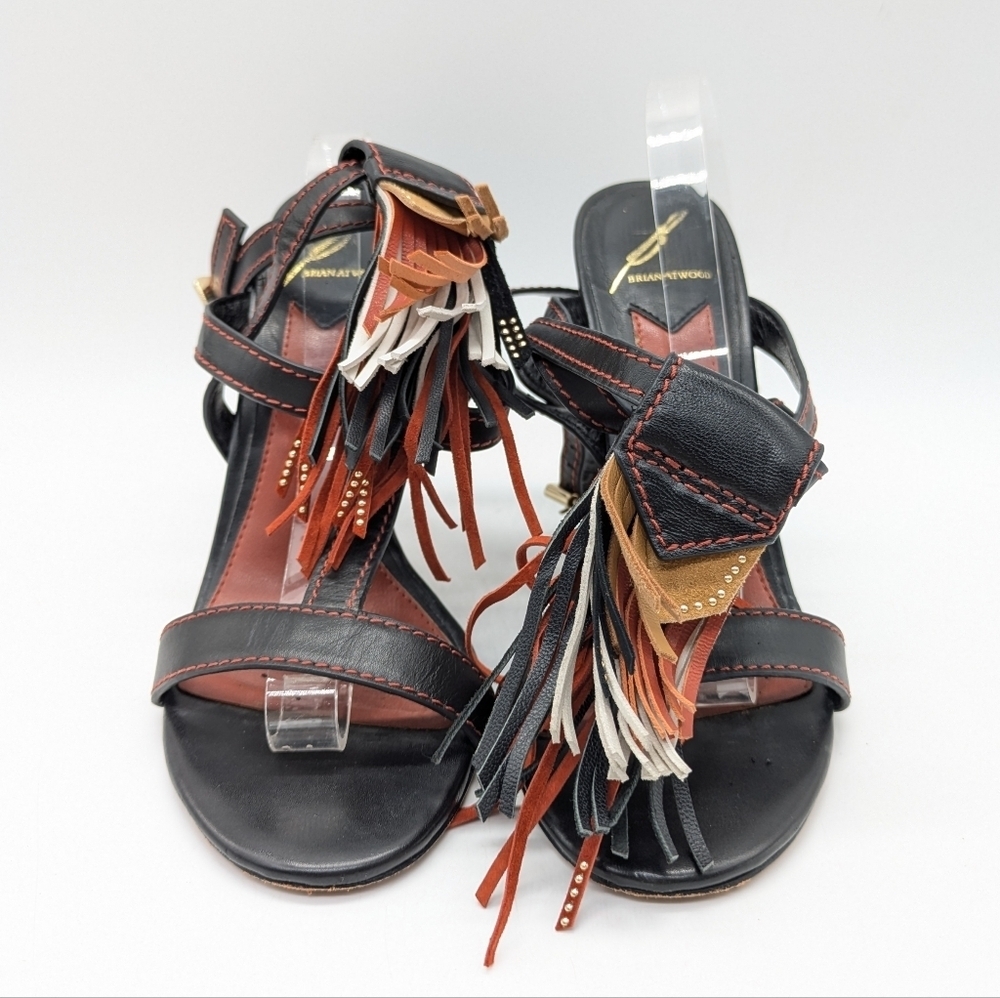 Brian Atwood Fabia Black Orange Fringe Strappy Leather Heel 6.5
